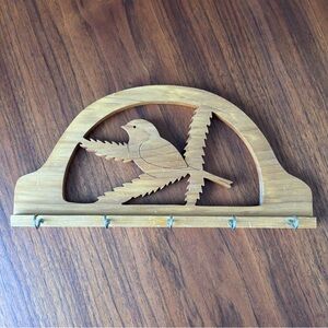 Vintage Wooden Bird Wall Hook Rack Handcrafted Solid Wood 5 Hooks Handmade